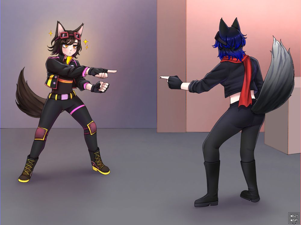 Hestia and Ash as the spider man pointing meme. Hestia is wearing her usual fit of pink square goggles on the crown of her head, with black fox ears and a black fox tail. Her outfit otherwise is a mostly black cyberpunk/techwear composition with yellow trim and then some pink and orange trim, harnesses, and a dogtag (barely visible). Ash is in her usual black fit with midriff showing and her red scarf draping over her back, black hair with a blue gradient towards the bottom. She also has black fox ears and a black tail that gets more silver at the tip. They also both have fingerless gloves, and Ash's goggles are also barely visible. 