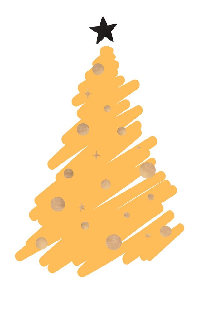 A yellow Christmas tree with a black star and gold baubles