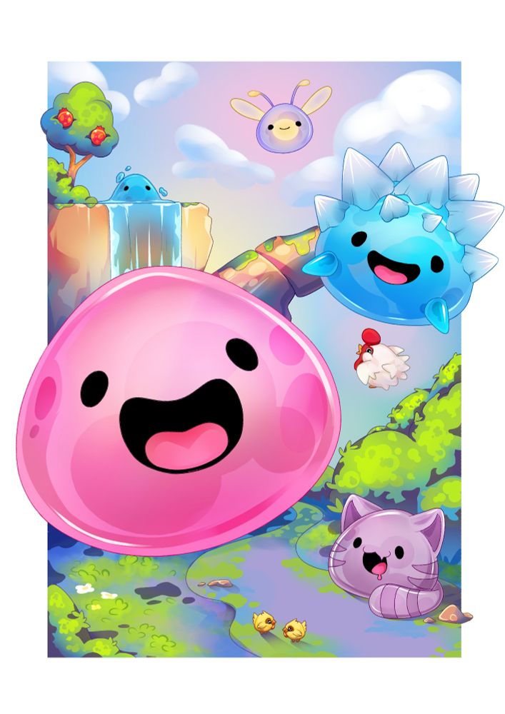 A digital illustration of multiple slimes from the video game Slime Rancher, along with some Chickadoos and a Hen Hen from the same game. 