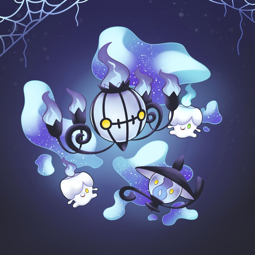 An illustration in which pokemon Litwick, Lampent and Chandelure float together around sparkly smoke clouds on a dark, flat background. Two cobwebs decorate the upper corners of the image. 
