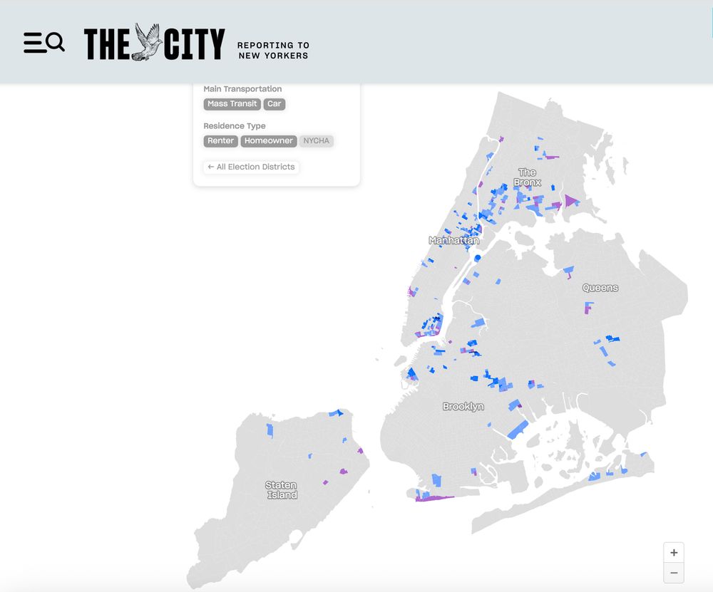 Screenshot of NYC electoral map from The City showing Mamdani and Cuomo voters across the five boroughs, filtered by "NYCHA".