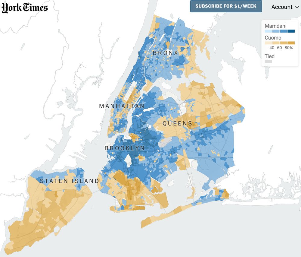 Screenshot of New York Times interactive map of the NYC mayoral election showing how many neighborhoods were won by Mamdani and Cuomo in November 2025.