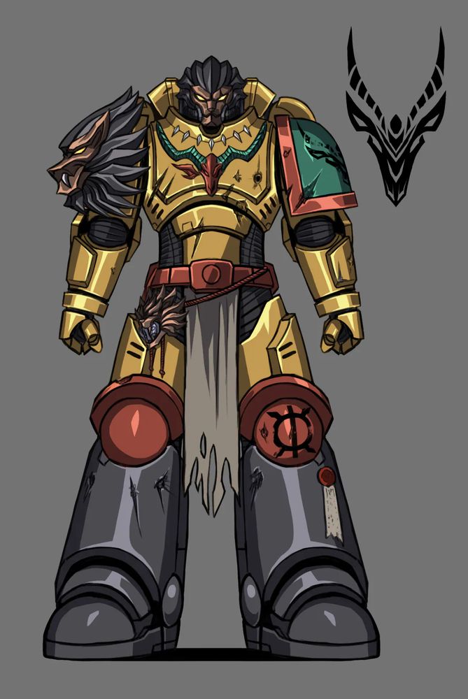 Space marine with a lion's head, lion on their right shoulder, with black boots, red knees, a red belt. Yellow torso, thighs, and arms, and a green left shoulder.