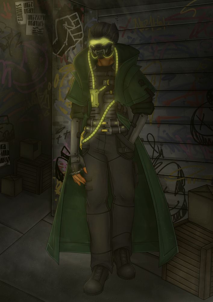 Black male in a dark green trench coat and wearing a black under shirt and black pants. Over it all glowing tubes of radioactive mountain dew or something as gross.