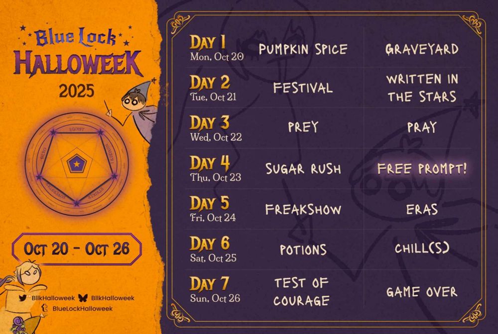 The spooky 2025 Halloweek prompt graphic!

Monday Oct. 20: Pumpkin Spice + Graveyard
Tuesday Oct. 21: Festival + Written in the Stars
Wednesday Oct. 22: Prey + Pray
Thursday Oct. 23: Sugar Rush + Free Prompt!
Friday Oct. 24: Freakshow + Eras
Saturday Oct. 25: Potions + Chill(s)
Sunday Oct. 26: Test of Courage + Game Over