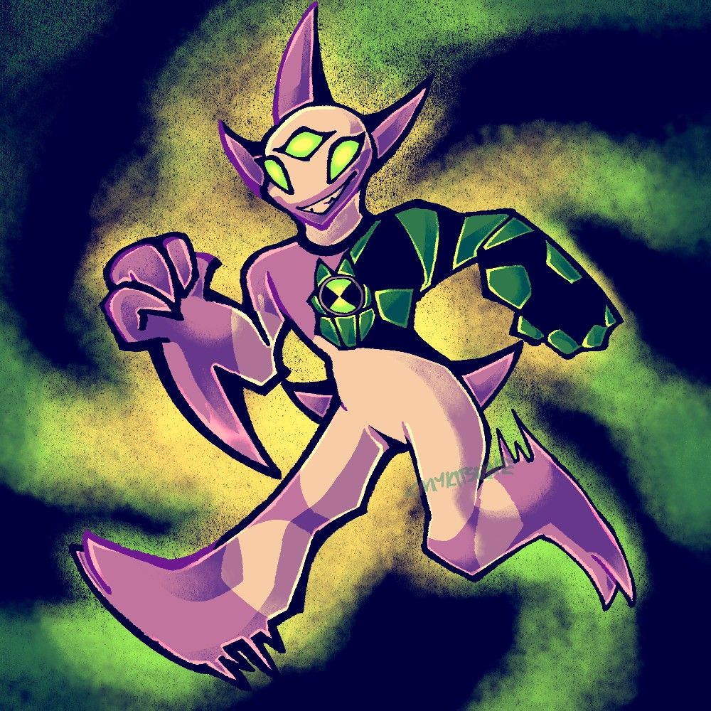 a purple and white way big from ben 10, which is posed like they're running. they have 3 blades on their face, 3 green eyes and 2 blades on hips. they have an omnitrix symbol on their chest and their left arm covered with metallic or cystal material. the background seems to be black with yellow-green spiral