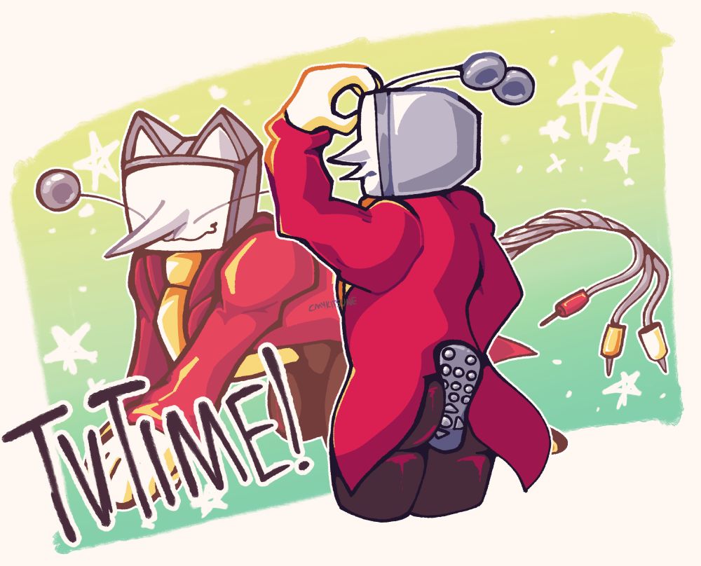 a drawing of 2 tennas from deltarune where the one in background is a catboy version of him. he's giving the babygirl pose with cat ears, antennas becoming whiskers and him having a tail that is 3 av cables coiled up. the one on foreground is the regular version of tenna from behind, scratching his head while there's a tv remote between his cheeks. the background resembles the green room with stars and there's text on bottom left that says "TV TIME"
