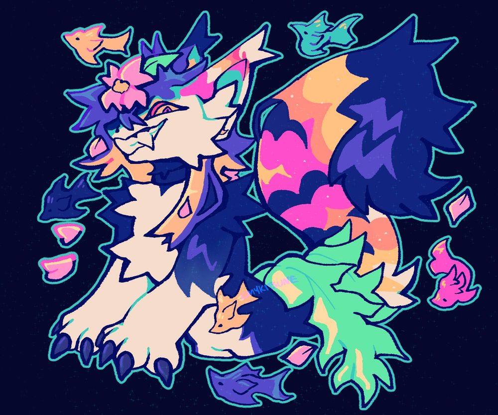 a halfbody drawing of a creature which has pink petals and fish of various colors around him. he is mostly blue with yellow, pink, orange and red accents. his eyes are multicolored and his hair is blue-yellow with a pink flower on him. he has big white paws with blue claws, reaching the thighs. a notable part is his tail, curled up like a squirrel's. the base has tropical leaves on it while the tail itself is blue and white with colorful stripes and sparkles. there's a teal outline around everything and the entire piece is covered in sparkles.