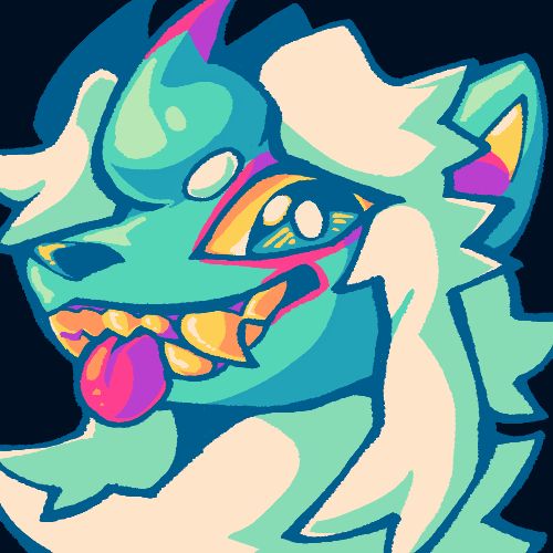 a shaded headshot of a yellow eyed kitsune with white fur except the head which is blue. they have pink markings across their face and horns and yellow-pink inner ears. they're doing a toothy grin with yellow teeth and a blep with pink tongue
