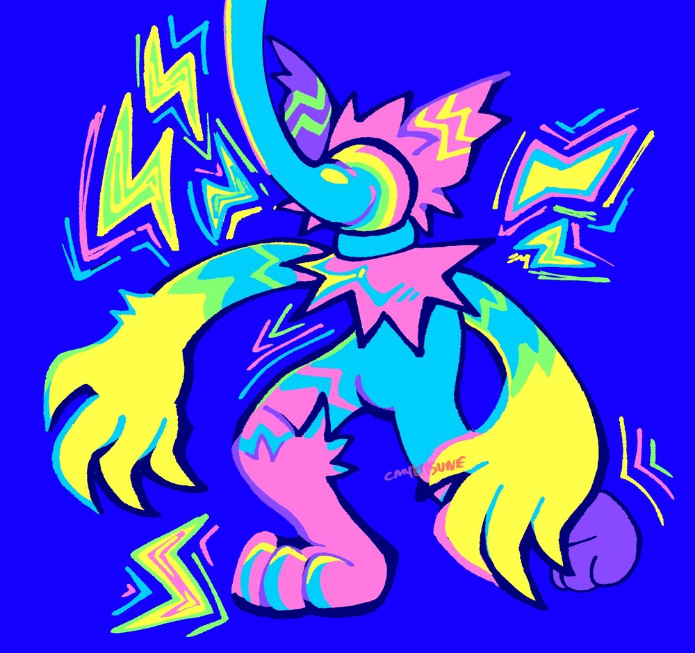 a drawing of werewire from deltarune kneeling while its claws are out. it's in a dark blue background surronded by colorful bolts, the same colors as the monster itself.
