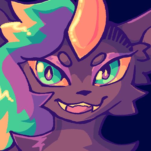 a shaded headshot icon if a qilin cat hybrid with brown fur and a golden horn. her hair is a side mohawk with yellow-blue and purple and she has blue eyes with yellow sclera. she has purple markings on top of her eye, resembling an eye shadow. she is smugly smiling