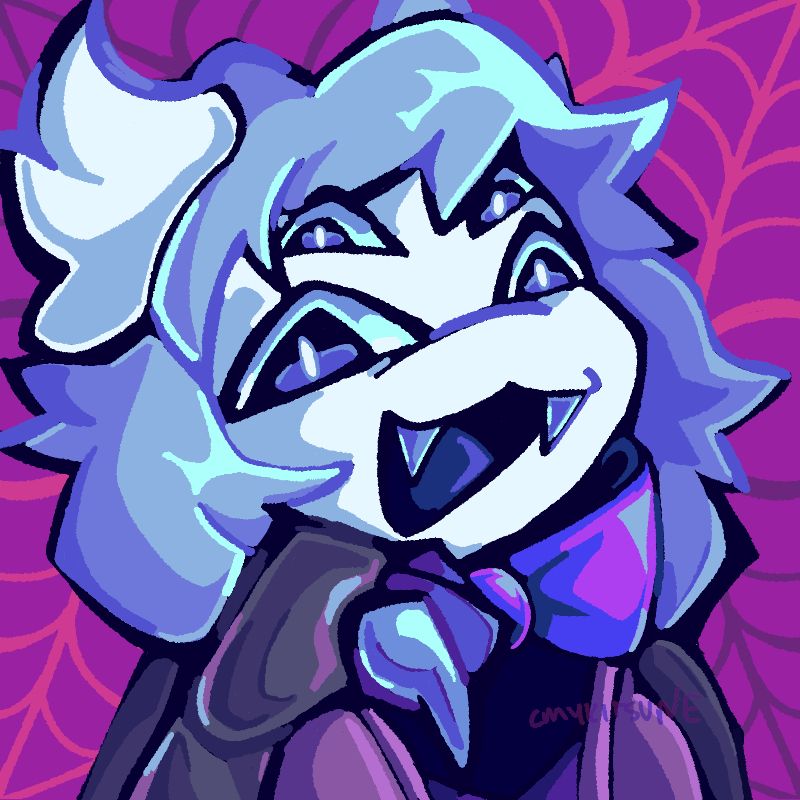 a headshot drawing of an anthro tarantula who is mainly white with 4 blue eyes, teeth, claws and hair along with dark gray arms. she wears different shades of purple with a big purple bow. she is smiling, looking down while their claw hand is on the chin. the background is pinkish purple with web patterns of various colors