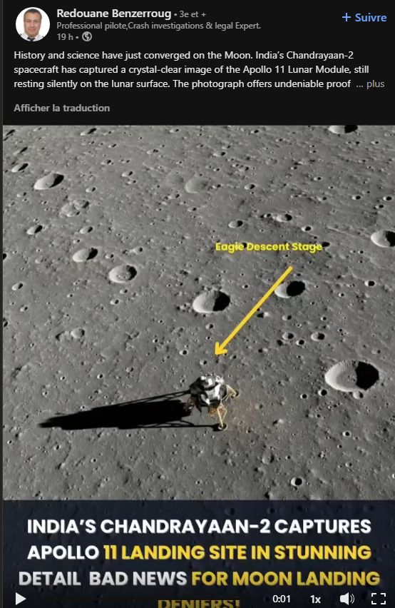 Fausse image disant que c'est une photo d'une sonde indienne montrant le module lunaire d'Apollo 11 sur la Lune