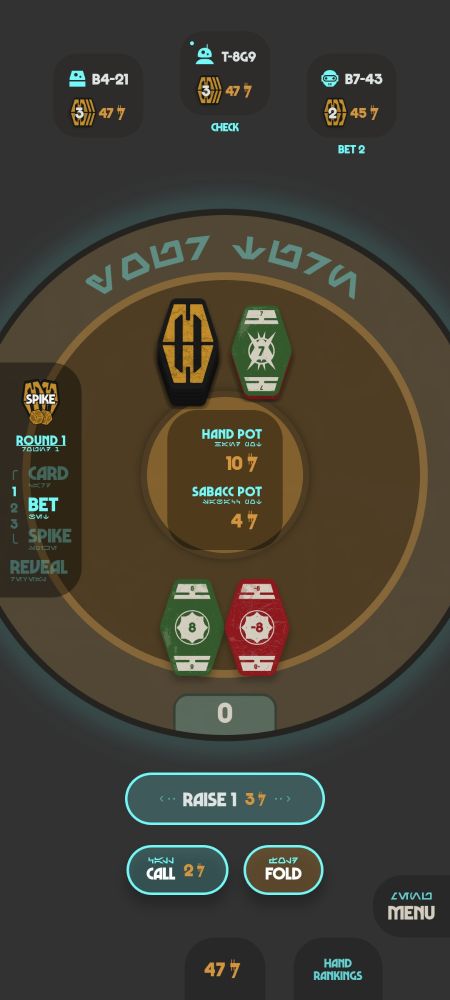 An online app called hollow card cantina that shows me playing sabac, the Carolinian spike version, with a red negative 8 and a green positive 8 adding up to a very desirable zero, against three droids that are about to get taken for a ride, unless the spike dice roll away my cards and make me draw two new cards
