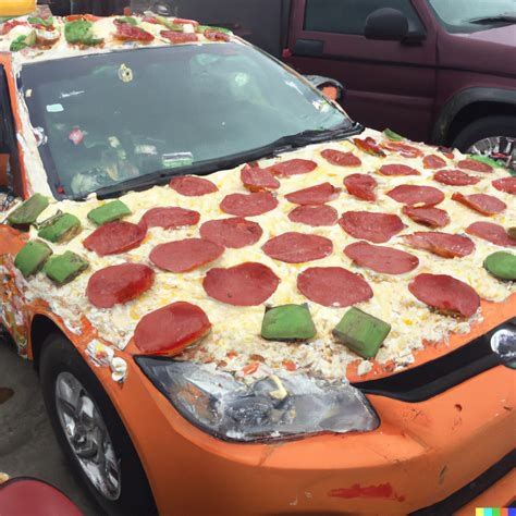 An orange car covered in green capsicum, giant pepperonis, and cheese.