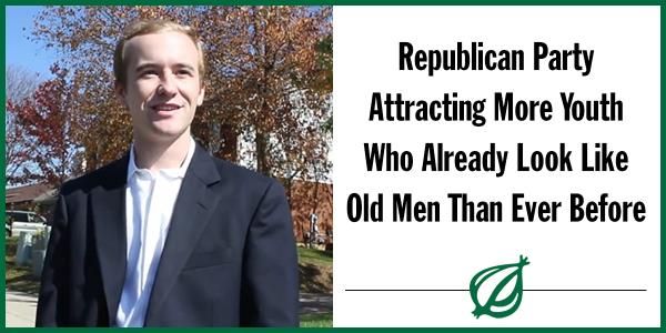Infographic from The Onion proclaiming that the "Republican Party (is) attracting more youth who already look like old men than ever before"