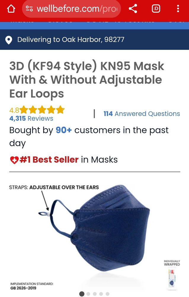 Screenshot of wellbefore website, product is a blue mask with ear loops