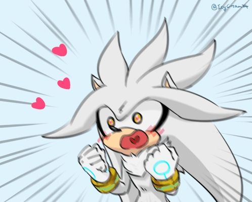 a drawing of a silver the hedgehog with three pink hearts around him