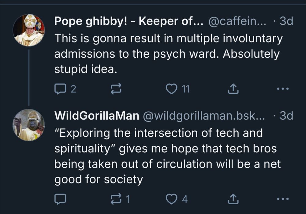 Reaction to quoted post.

User A: This is gonna result in mutliple involuntary admissions to the psych ward. Absolutely stupid idea.

User B: "Exploring the intersection of tech and spirituality" gives me hope that tech bros being taken out of circulation will be a net good for society 