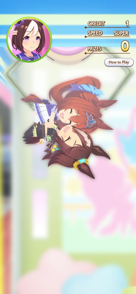 Screen cap from the "Umamusume: Pretty Derby" mobile game.

Inside a claw machine a cute chibi plush doll of Daiwa Scarlet is being carried by the prize claw. She's clinging to a doll of her rival (wife) Vodka. Both have big happy smiles and closed eyes so it really just looks like they're cuddling