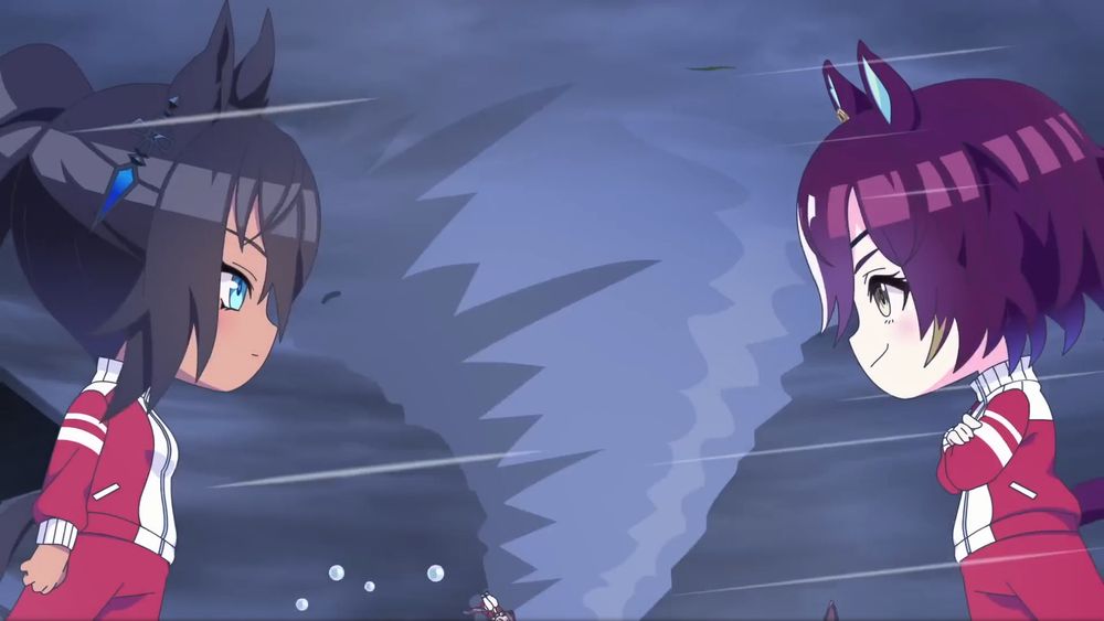 Chibi versions of Symboli Kris S and Tanino Gimlet, facing each other down with a tornado in the background