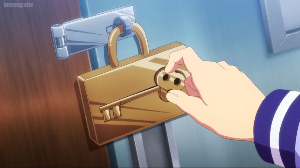 A key being inserted into a padlock holding a door closed, except instead of the usual little hole with a tab that just the end of the key goes into, the key goes in sideways, such that the entire shape of the key you need would be obvious from just looking at the lock