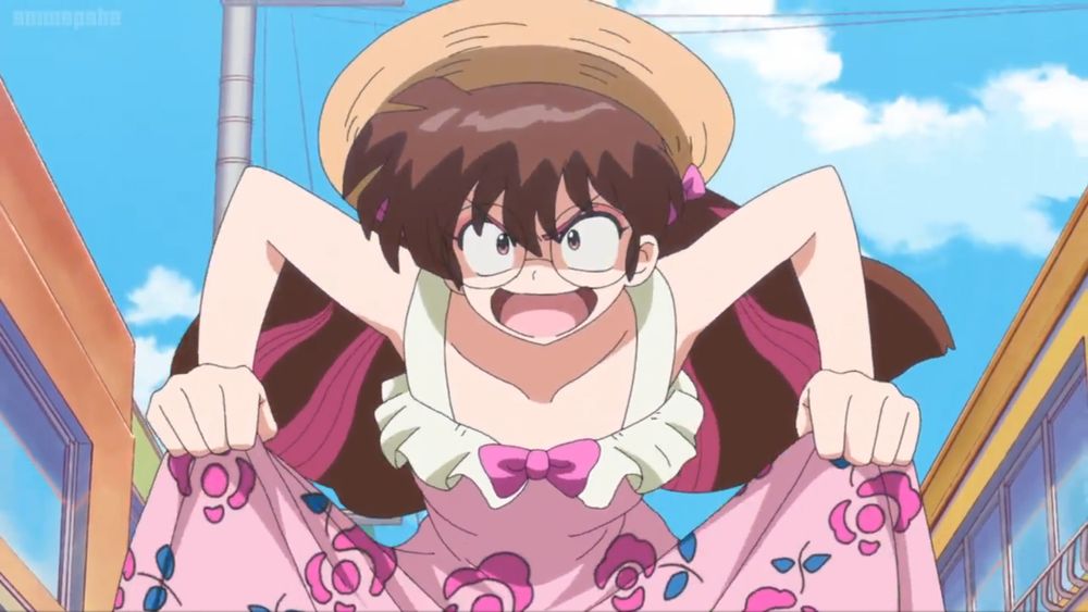 Ranma (in girl form) in disguise, wearing round glasses, a long brown wig with long pink ribbons tied in it, a sun hat, and a cute long pink sleeveless floral dress with white ruffles and a pink bow around the chest and white straps. She's leaning forward, holding her skirt up with either hand as she stomps down the street while raving maniacally