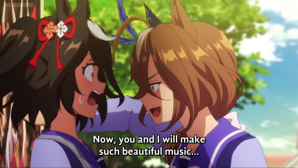 Same as the last screenshot, except Sounds of Earth has leaned in even closer and is blushing a little and Kitasan is getting a bit dismayed and sweaty
