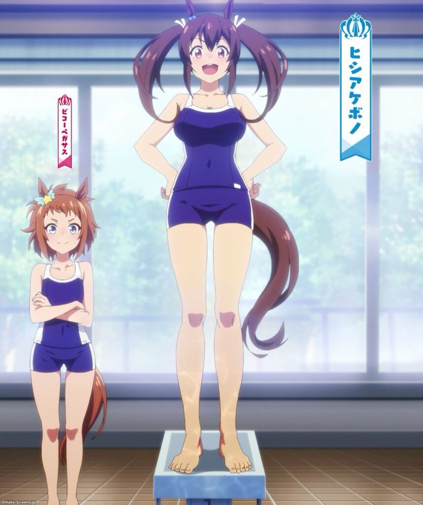 Screen cap from the animé "Umamusume: Pretty Derby" showing two horse girls (human girls with horse ears and tails who run real fast) in school-issues blue swimsuits at the indoor pool.

Standing on the diving board is Hishi Akebono, a cute, 6 foot tall brunette horse girl with long high pigtails and a big friendly smile

On her left is Biko Pegasus, a younger, 4'8" horse girl with short brown messy hair. She's itty bitty