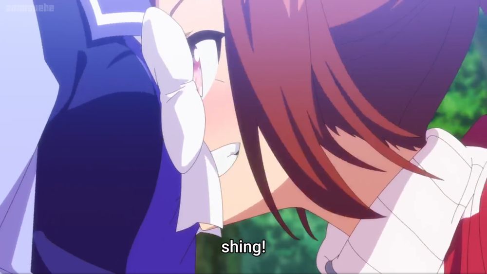 Close-up of Sakura Bakushin O's face pressing directly into Kitasan Black's boobs as crashes into her. She's still got a big smile on her face and her eyes wide open because she hasn't reacted to the impact yet
