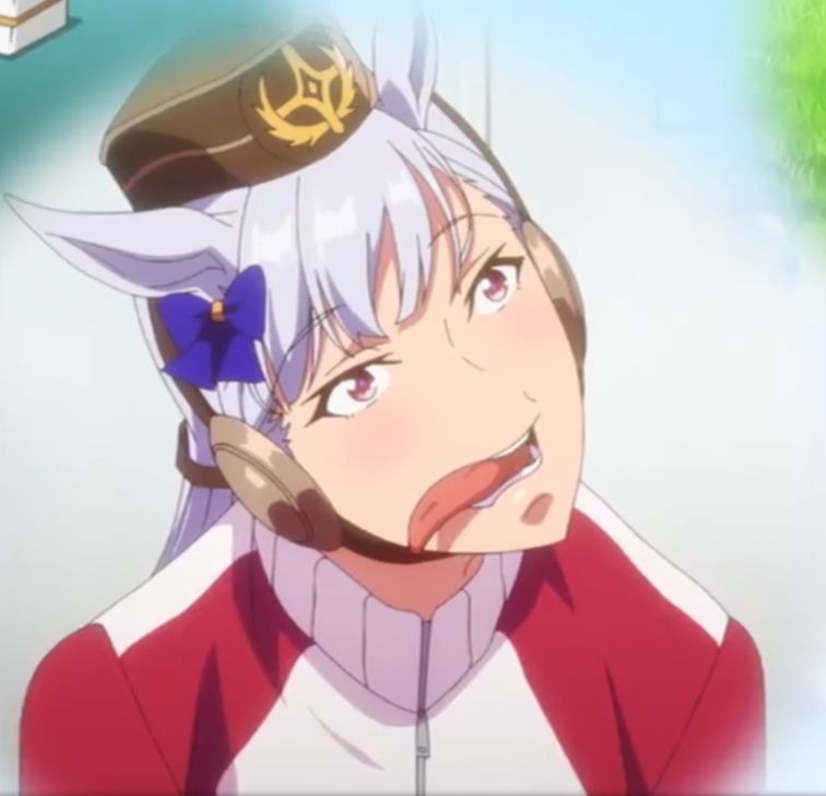 Gold Ship making another weird face. Staring blankly, tilting her head to the side and sticking her tongue out of one side of her mouth like she's reaching for something with it
