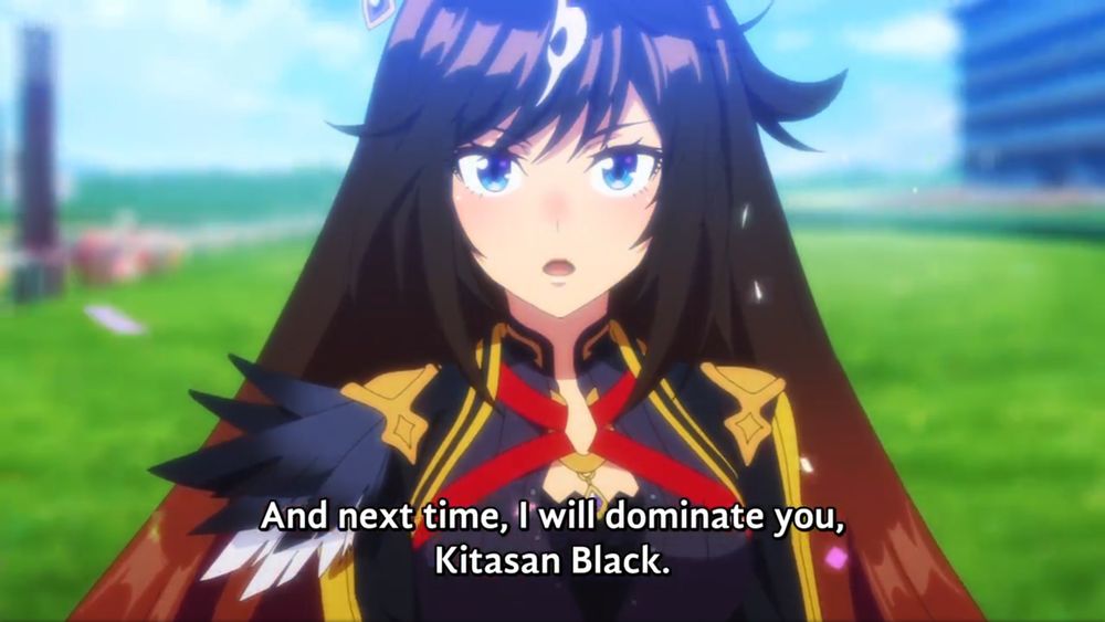 Close-up of Duramente after a race where she just barely beat Kitasan for second place, , looking stoic and determined, saying 