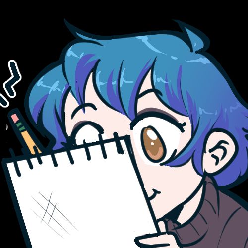 A sized up version of artwork by Clockwork Banana. It is a chibi version of Callie, a white woman with hazel eyes and blue hair in a choppy bob. She is wearing a purple turtleneck, and taking notes on a notepad excitedly.