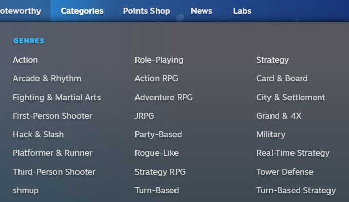The image is a list of game genres shown on the Steam Store. All genres listed start with a capitalized letter and are very typical such as 'Adventure RPG' or 'City & Settlement'. At the bottom left of the image, the genre 'shmup' is displayed with no capitalization.
