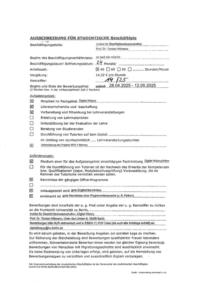 Ausschreibung SHK-Stelle des Lehrstuhls für Digtial History