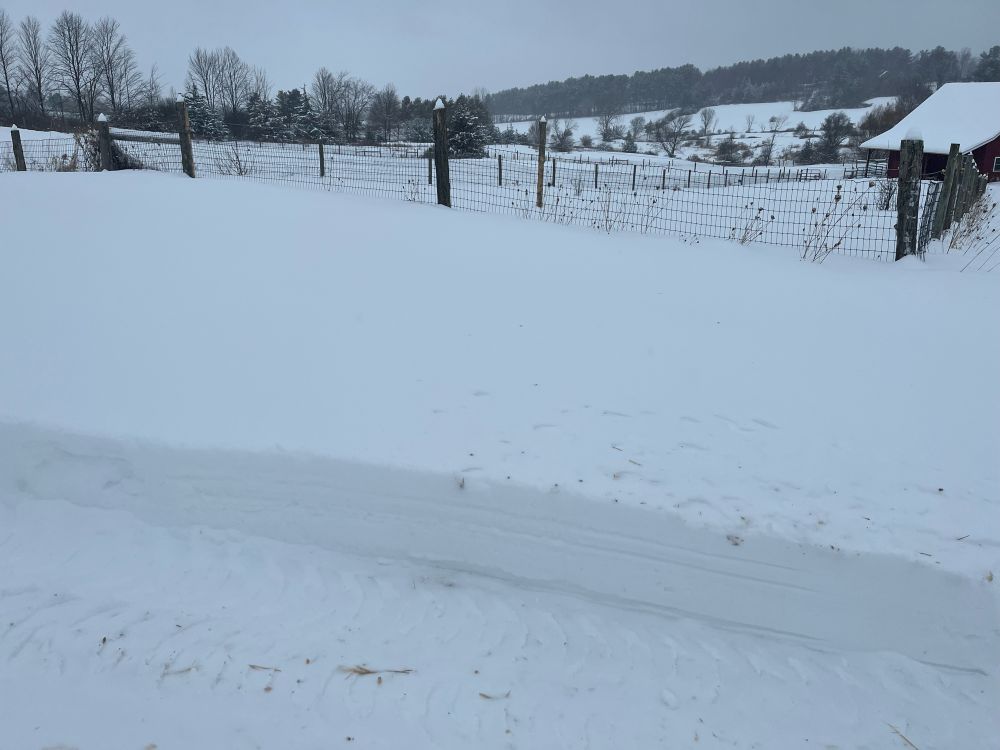 Snowy landscape with barn and fences