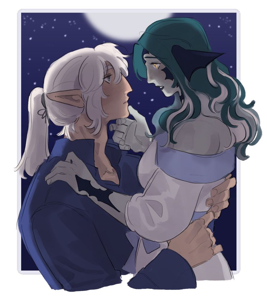 digital art by bsky user 1driedpersimmon, of Estinien and Cimorene from the chest up, backlit with a star-filled night sky behind them. Estinien is a tan elezen with long white hair pulled into a ponytail with messy bangs and grey eyes, wearing a dark blue shirt. Cimorene is a pale xaela au ra with long teal hair that fades to white and yellow eyes, dressed in a white dress with blue trim. Estinien is sitting with Cimorene standing over him, his hands on her waist, and her hands on his shoulder and holding his chin.