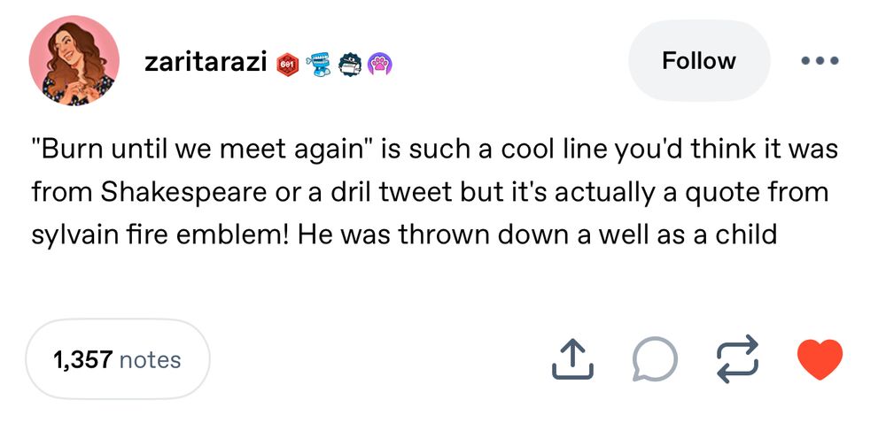 post by tumblr user zaritarazi: “burn until we meet again” is such a cool line you’d think it was from shakespeare or a dril tweet but it’s actually a quote from sylvain fire emblem! he was thrown down a well as a child 