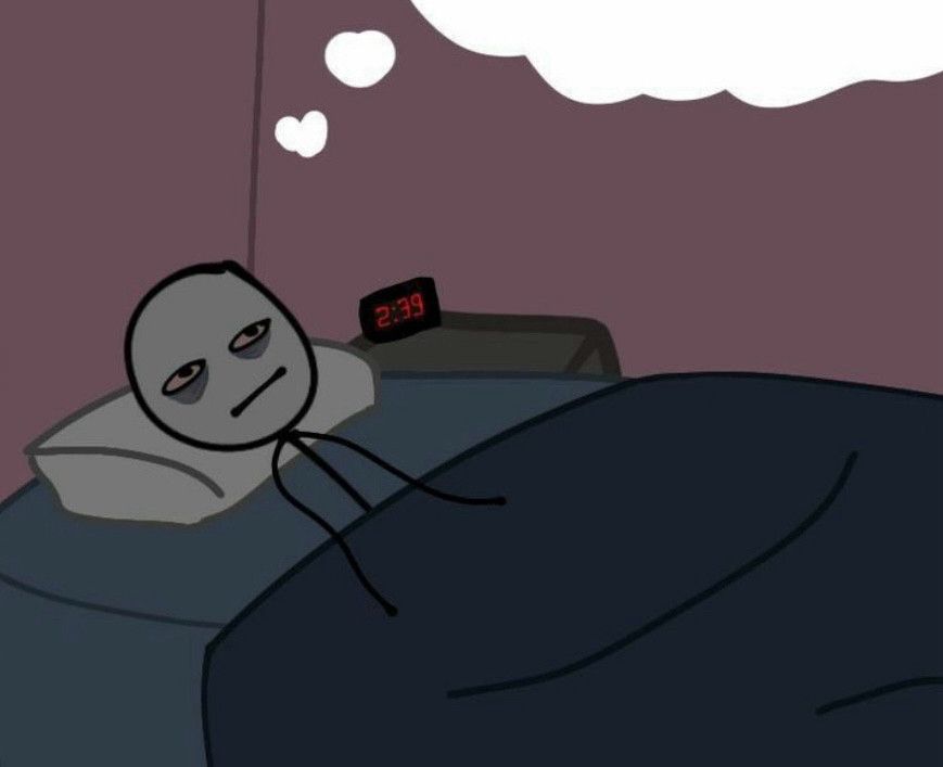 stick figure with bags under their eyes laying in bed with a thought bubble