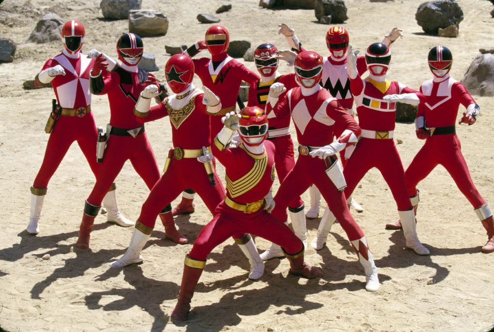 A screenshot from the Power Rangers Wild Force episode, Forever Red, featuring ten ren sentai style heroes.