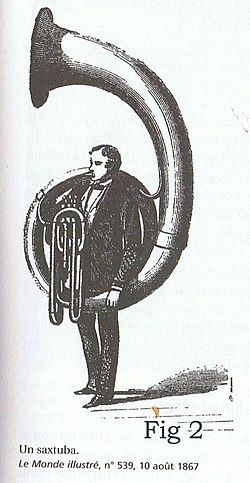 A musician carrying an impractically large brass instrument.