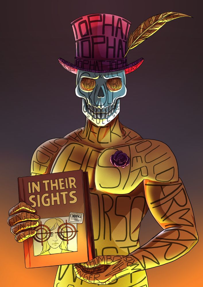 A skeletal figure whose body is made up of words for the parts of the body, wearing a top hat and rose, holding a book titled "In Their Sights"