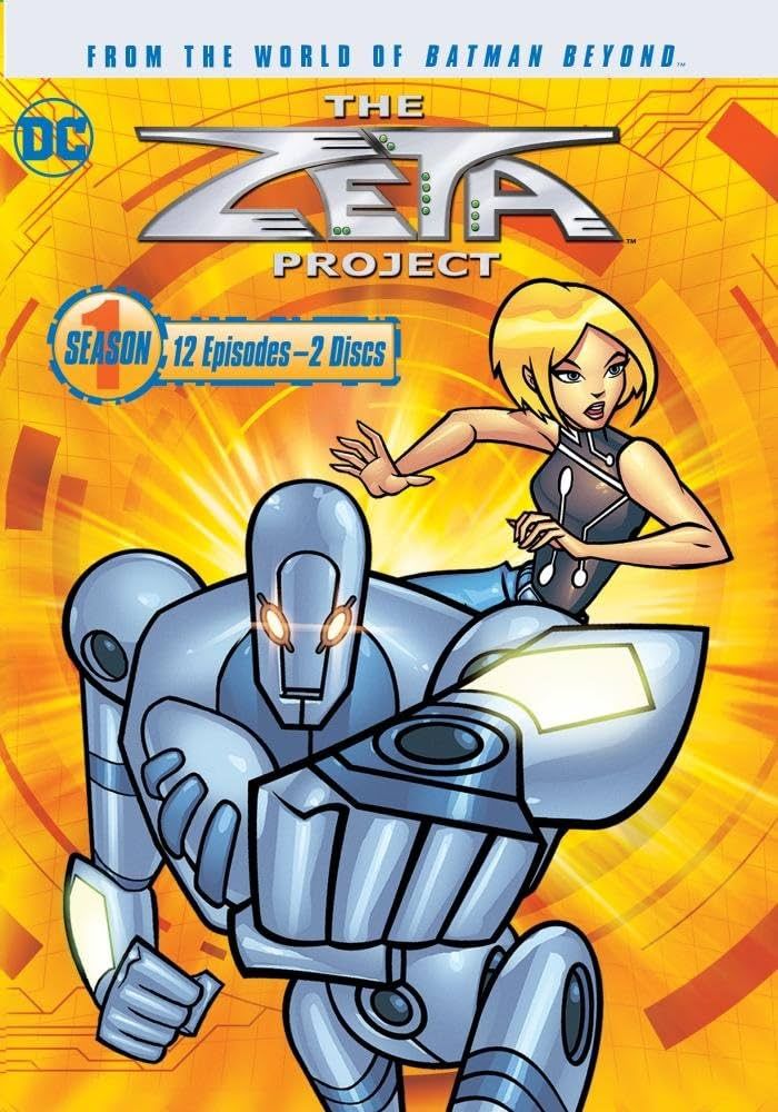 DVD cover of Zeta Project Season 1, Featuring a futuristic robot and his blonde human female sidekick.