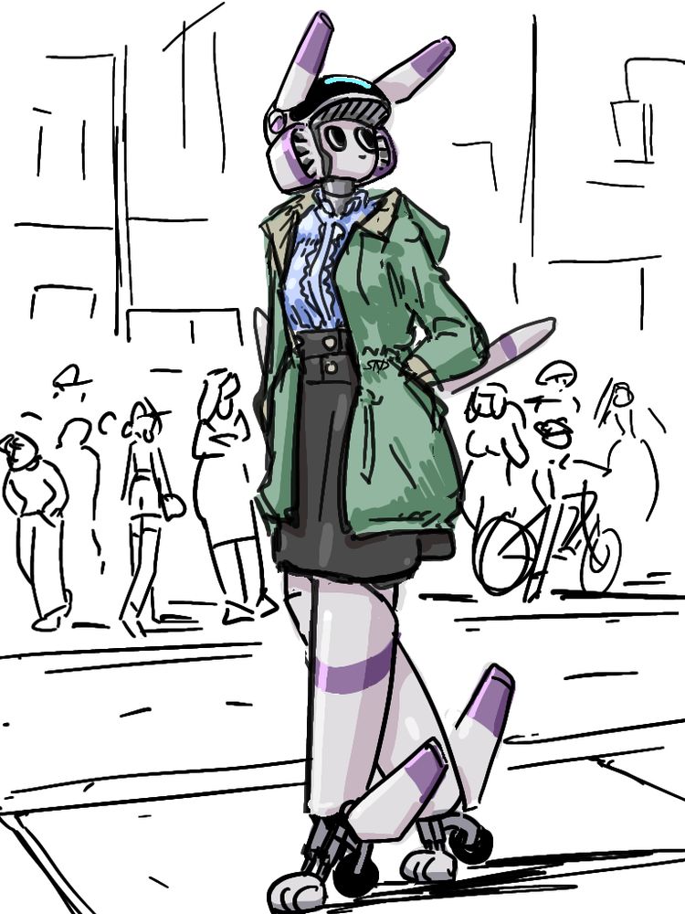 My robot OC Haley in a skirt, frilly blouse, and long jacket. She's walking down a busy street with lots of other people, but she's the only one in color. Digital drawing.
