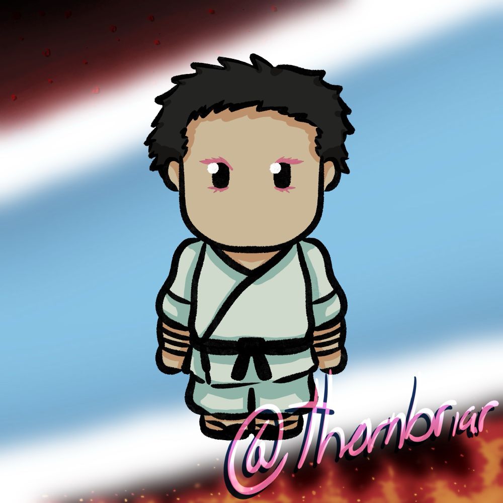 Hakuji from Demon Slayer in my chibi style the background is a split of white blue red and black the top supposed to be like muzan’s blood the bottom flames of hell and solace in between when he no longer had to keep fighting/ keep going as Akaza