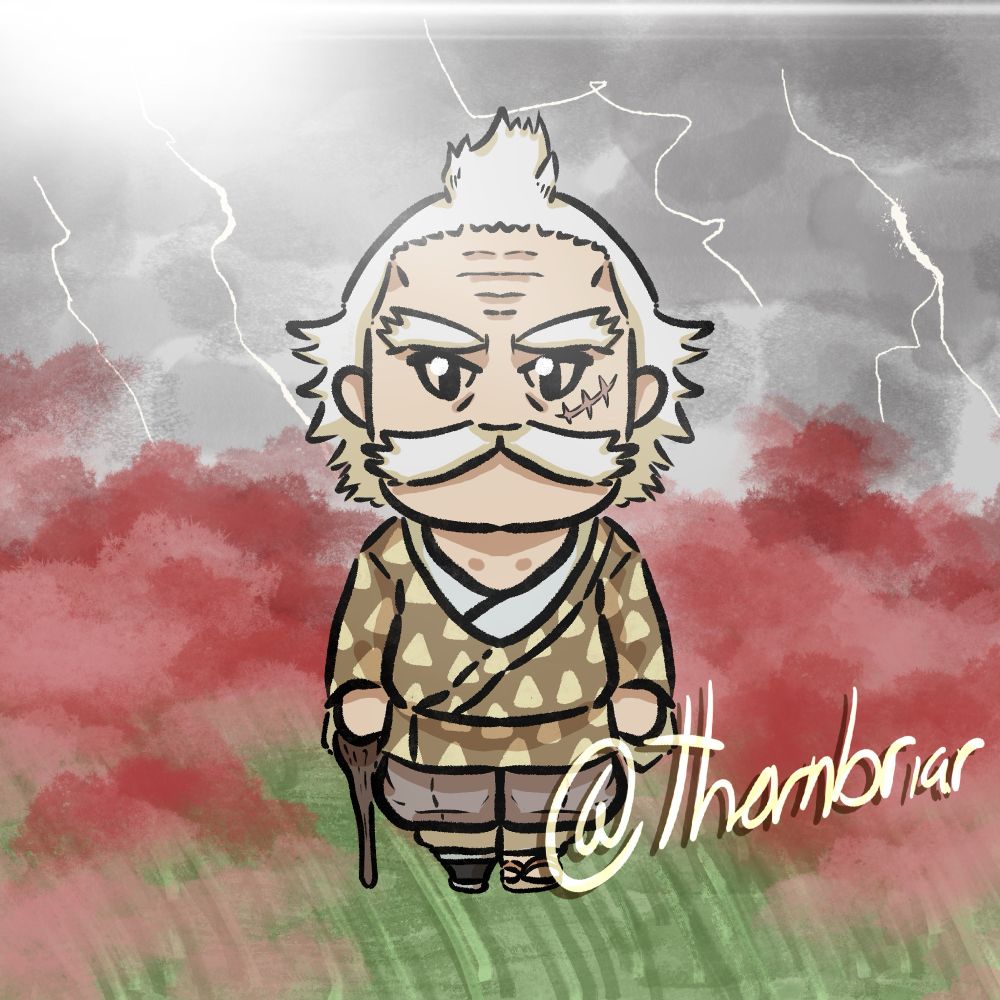 Jigoro Kuwajima from Demon Slayer in my chibi like style with a grass and red flower and stormy background and flare lighting effect