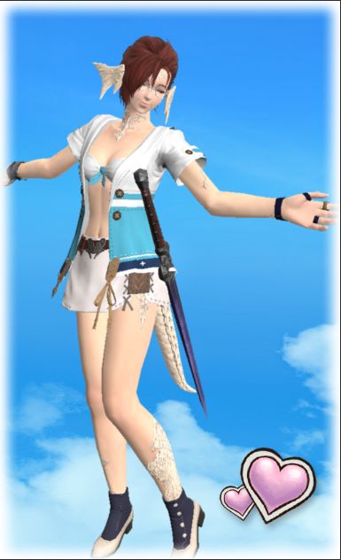 my ffxiv character wearing a white bikini top, under an open front, blue and white shirt, and a white skirt