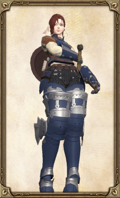 my ffxiv character sporting an outfit with deep blue arm and leg armor and a leather top