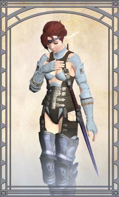 my ffxiv character wearing a very strap-and-harnessy, light blue outfit, with reflective, light blue armor up to her thighs