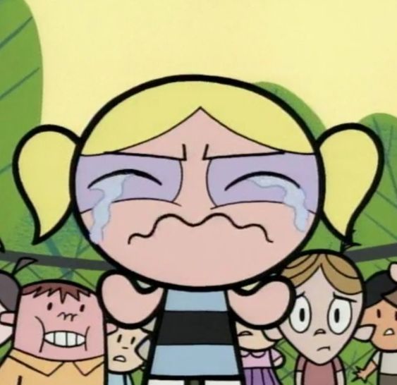 A frame from an episode of the classic The Powerpuff Girls. Bubbles is crying and crashing out in the middle of the playground while all the other kids stare. 